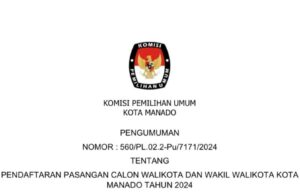 KPU Manado Umumkan Pendaftaran Bakal Calon Pilwako 2024